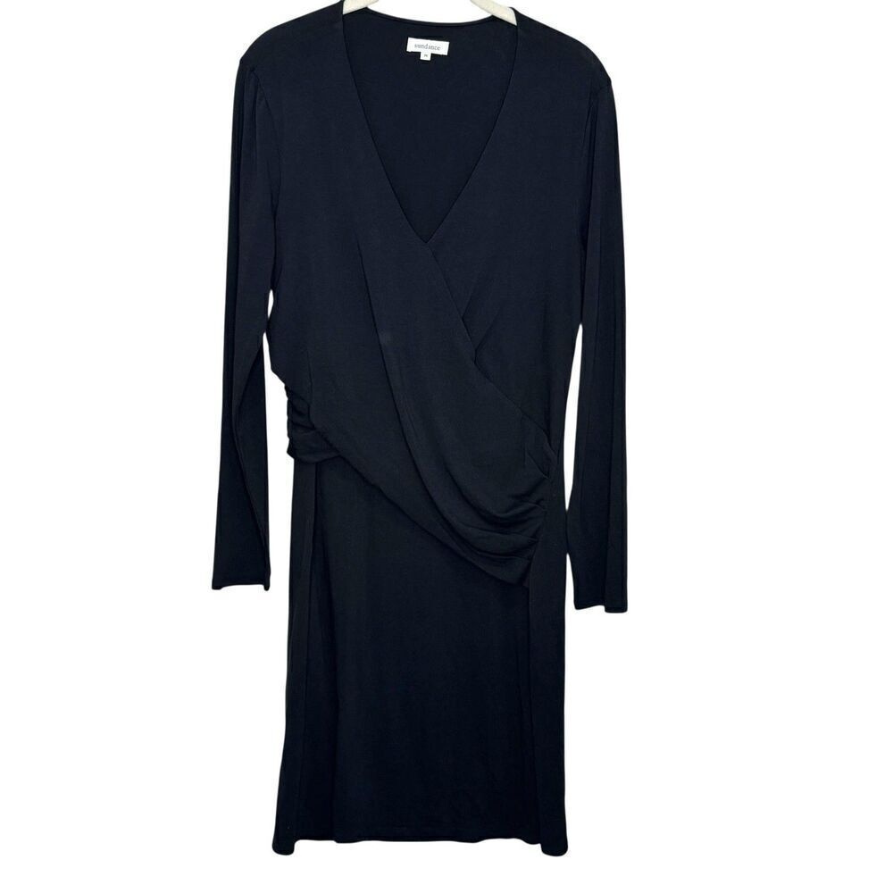 Sundance Dress Medium Charcoal Black Long Sleeve Draped Waist Midi Modal Cotton